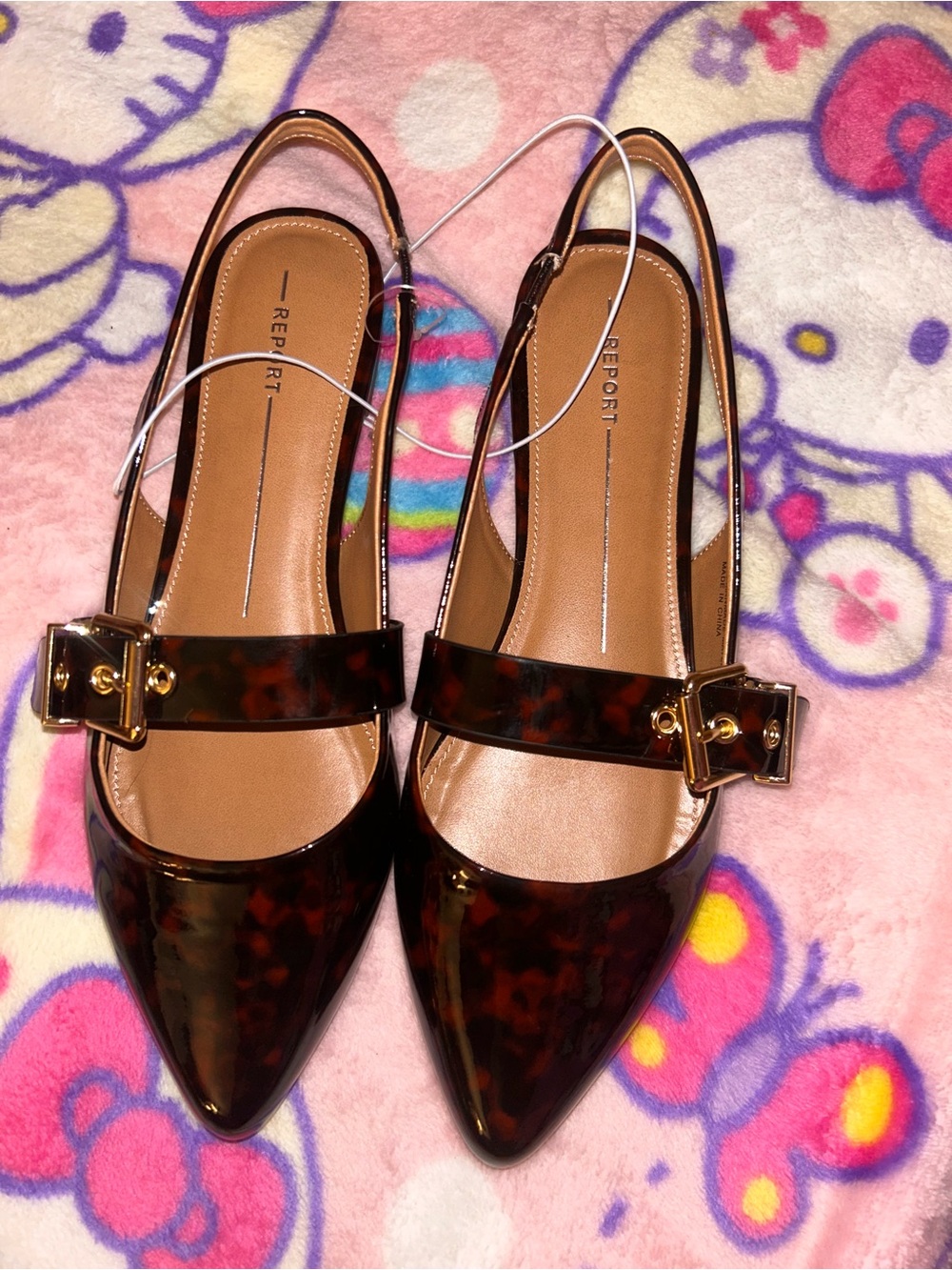 Report Tortoiseshell Pointed-Toe Slingback Flats with Buckle